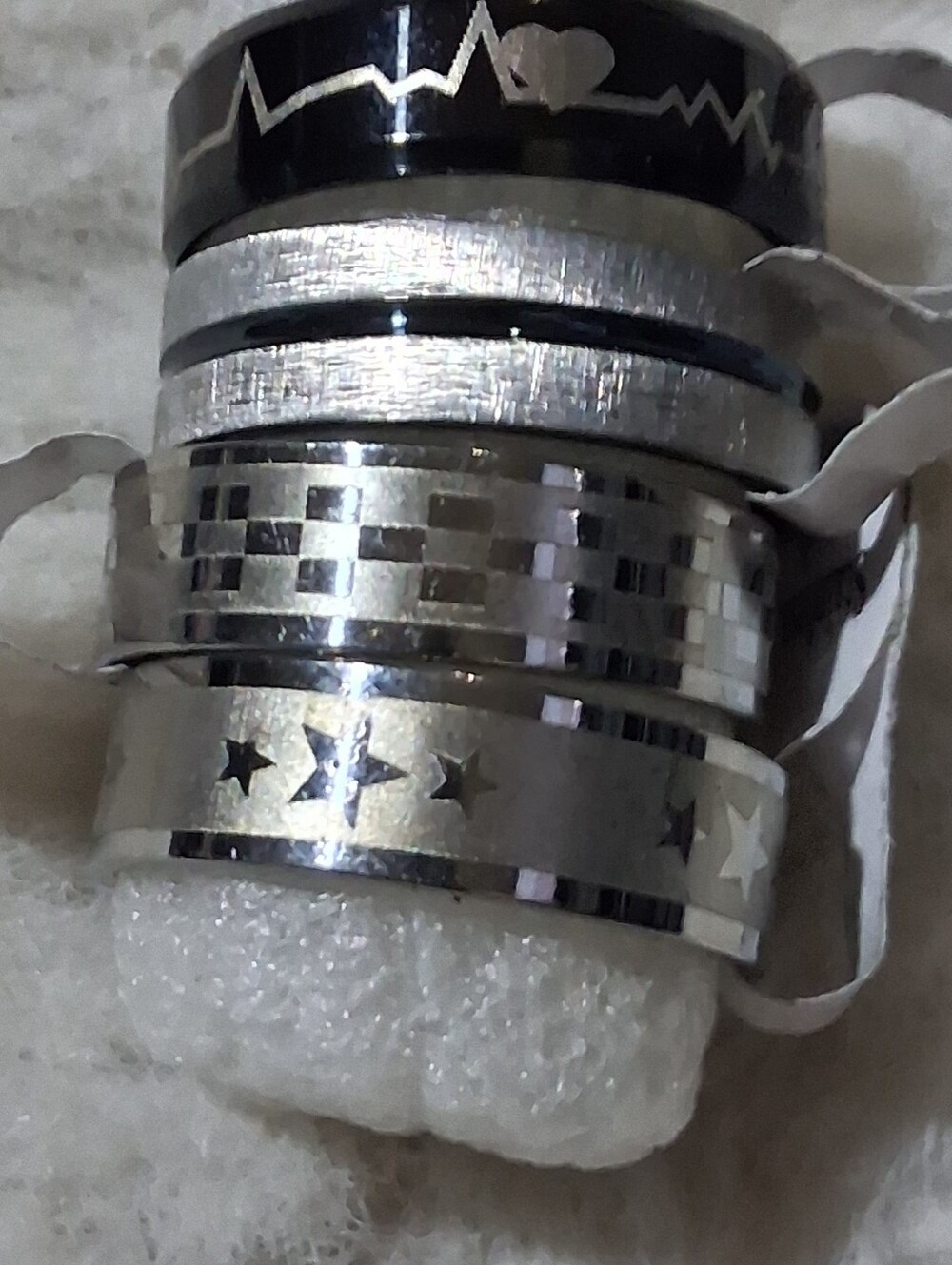 Men's Stainless Steel Heartbeat & Pattern Stackable Rings - Silver - Picture 2 of 3